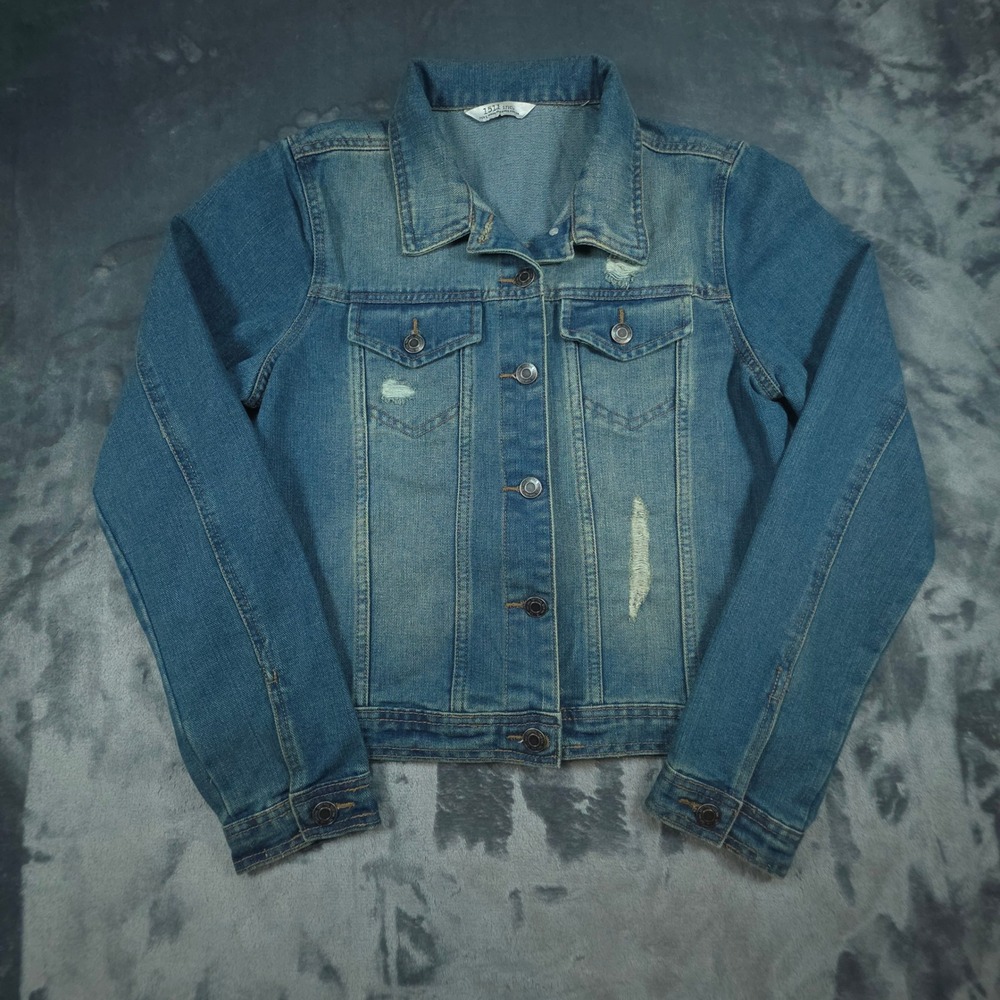 1511 inc Womens Distressed Denim Trucker Jacket Medium Wash Blue Cotton Large